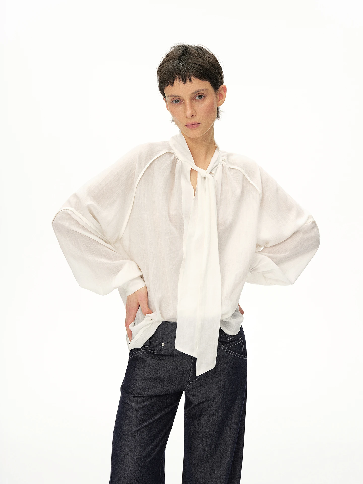 BGTStudio Ins-Style White Belted 100 Days Silk Shirt Semi-Transparent Long Sleeve Loose Fit Women's Top CleanFit Style