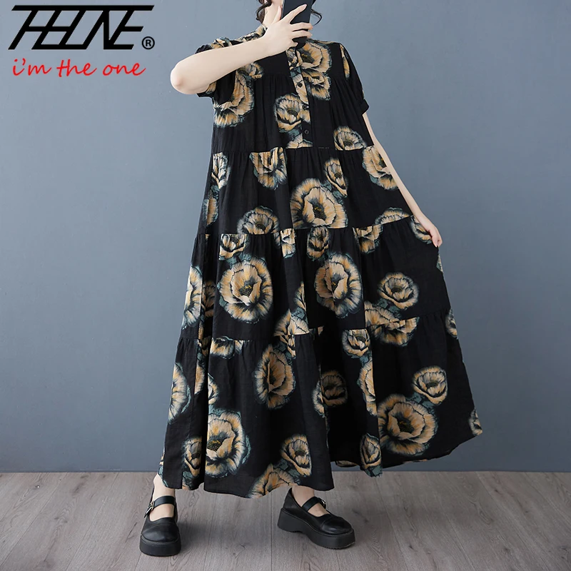 

THHONE Summer Dresses for Women Vestido Feminino Bohemian Print Holiday Loose Stand Collar Short Sleeve Casual Women's Clothing