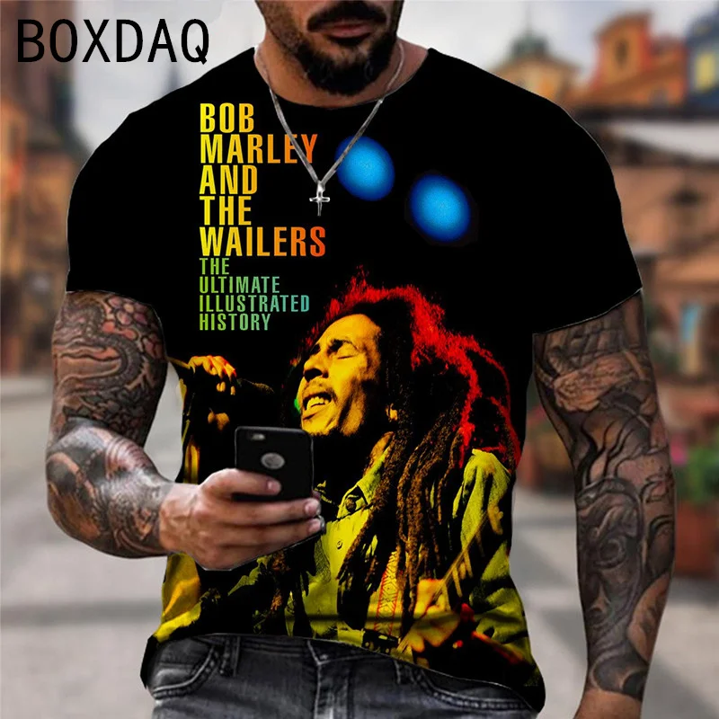 Oversize męska koszulka fajna rockowa Bob Marley koszule z nadrukiem letnia odzież męska z okrągłym dekoltem z krótkim rękawem