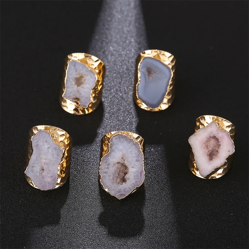 Irregular Geode Stone Agate Slices Wide Open Ring for Women Boho Resizable Finger Jewelry