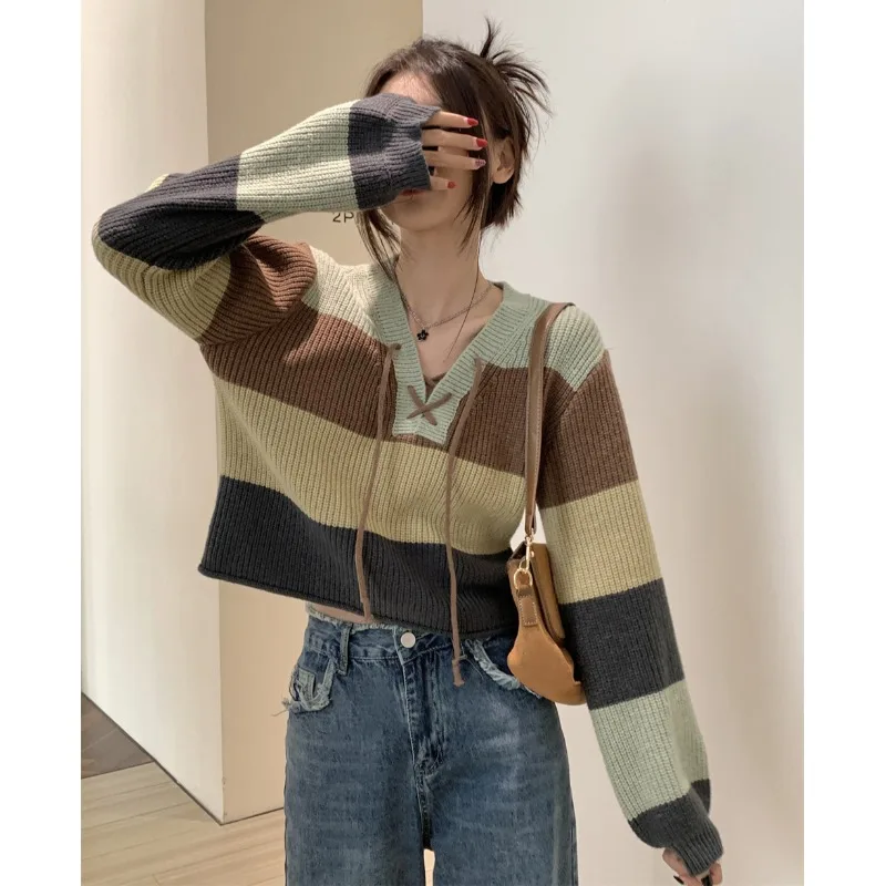 

Slimming Stripe Color Blo V-Ne Long Sve Knitwear Women's Loose ort Top Spring Autumn 2025 New Sle Faionable Casu...
