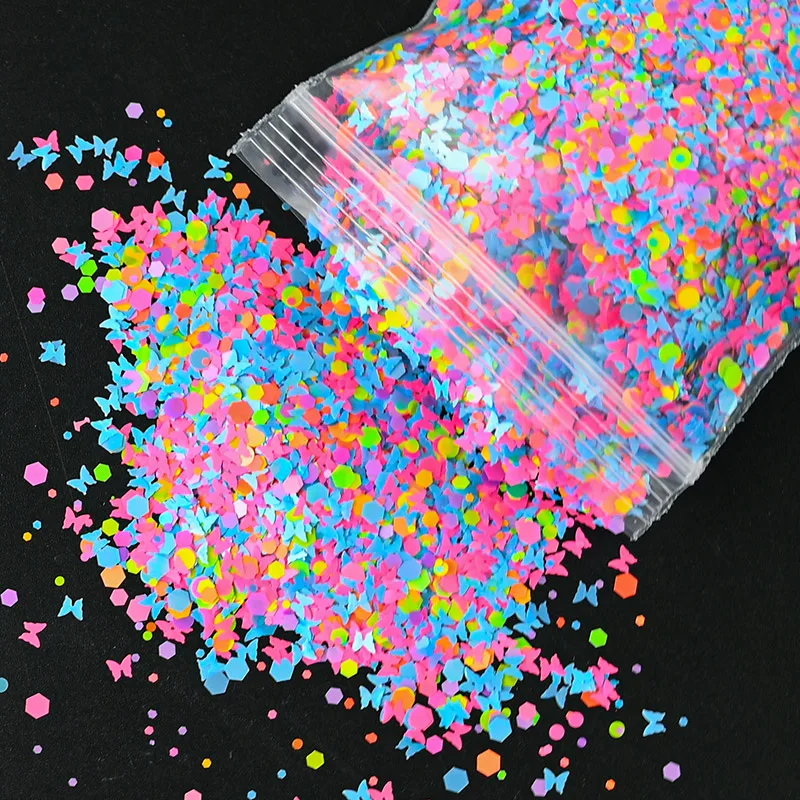 50g Neon Buttefly/Round Dot /Heart/Hexagon Glitter Sequins Mixed-Color Halloween Butterfly Sequins DIY Fluorescent Sequins &*&