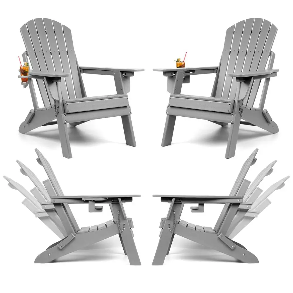 

Folding Adirondack Chairs Set of 4 with Adjustable Backrest, HDPE All Weather Fire Pit Chairs with Cup Holder