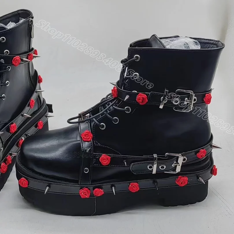 

Black Rivet Flower Decor Ankle Boots Punk Style Matte Leather Lace up Side Zippers Casual Summer Women Shoes Zapatos Para Mujere