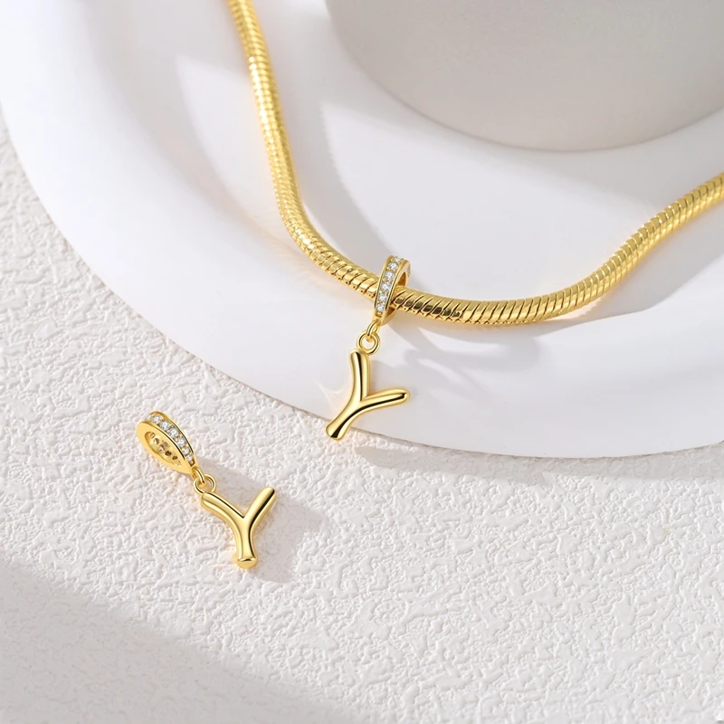 925 スターリングシルバー ゴールデンレター Y チャーム オリジナル 925 ブレスレット作成に適合 女性へのギフト ジュエリー Diy ファッションペンダント