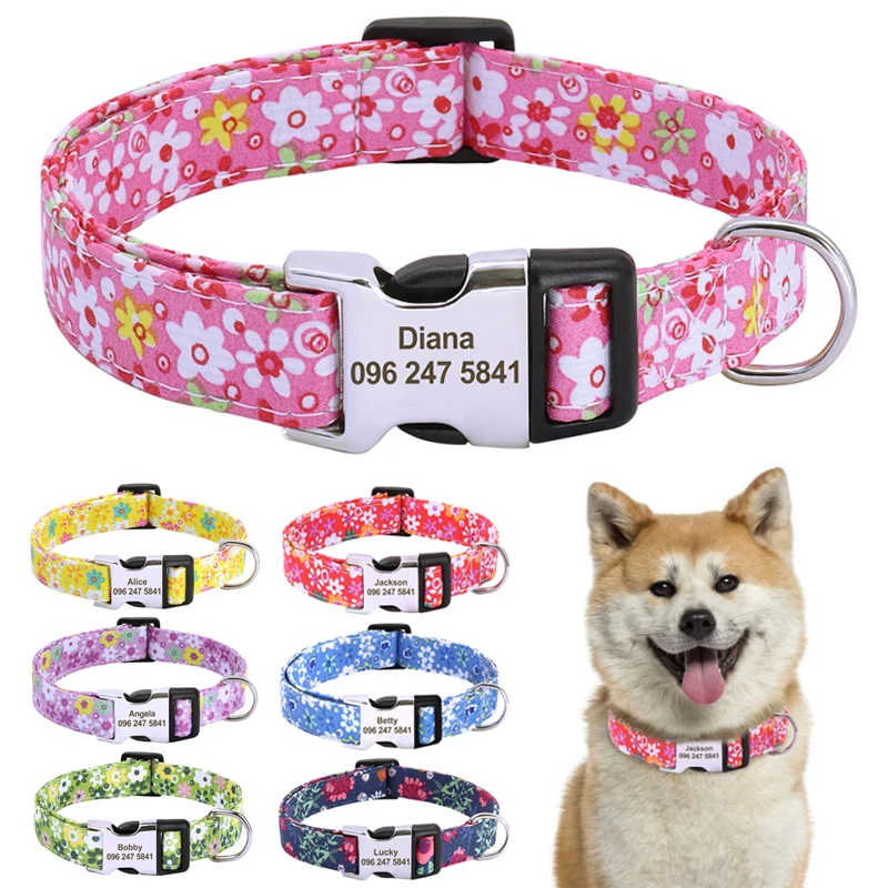 Nylon Flower Dog Collar Personalized Floral Print Dog Puppy Collars Customized Pet ID Collars for Small Medium Large Dog Pitbull