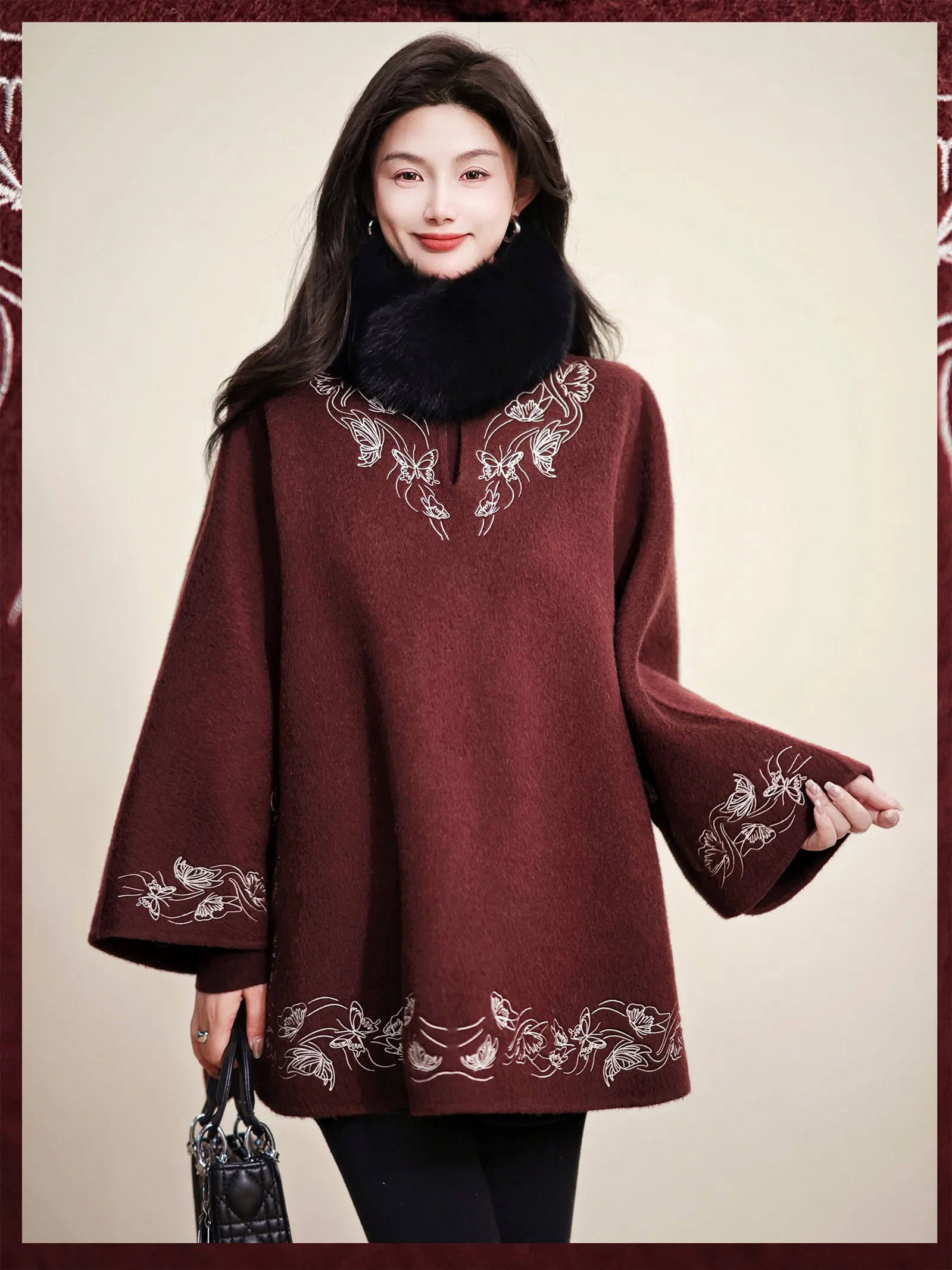 

Изысканное шерстяное пальто с вышивкой и тонкой линейной вышивкой для молодых женщин