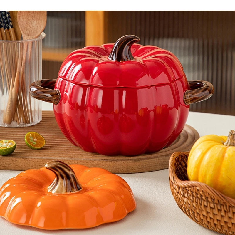 Pumpkin Bowl with Cover Hotel Restaurant Oatmeal Lamian Noodles Chinese Home Kitchen Stew Ceramic Tableware