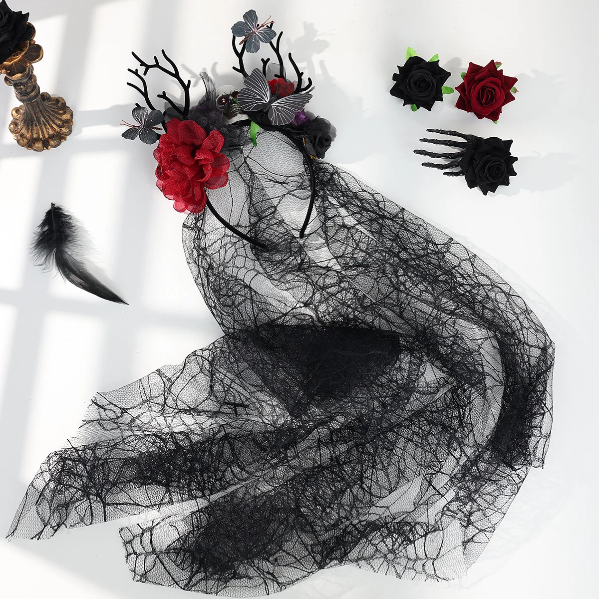 Damen Gothic Geweih-Schädel-Schleier-Stirnband, Schwarzes Spitzen-Rosen-Blumen-Kopfband für Halloween, Vampir-Cosplay, Dunkle Party-Kostüm-Accessoire – Detail 10