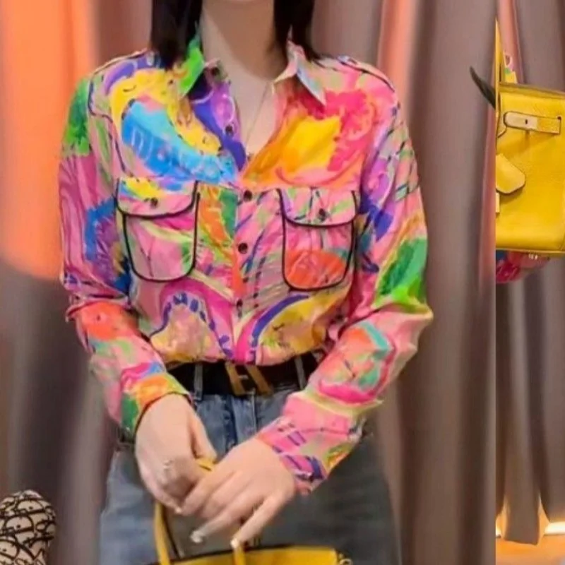 

Америка, Европа, мода, картина маслом, рубашки поло, передние карманы, длинный рукав, свободная блузка, офисные женские нишевые топы, весенние повседневные