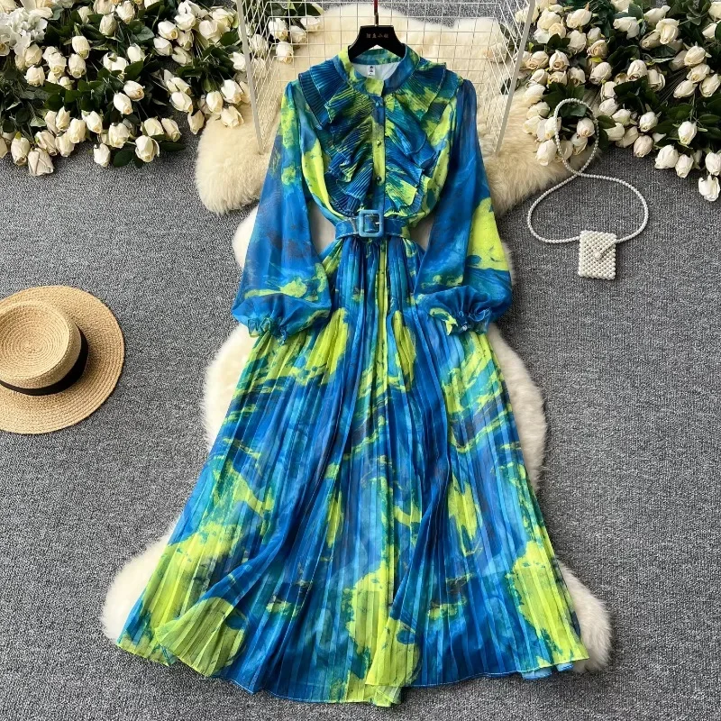 Retro Elegant Autumn Edible Tree Fungus Patchwork Long Sleeves Print Chiffon Dress A-line French Vintage Vacation Women Dresses