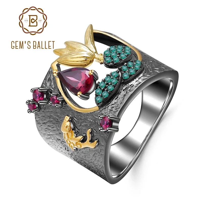 GEM'S BALLET 925 Sterling Silver Gemstones Finger Ring 0.52Ct Natural Rhodolite Garnet Handmade Bird Rings for Women