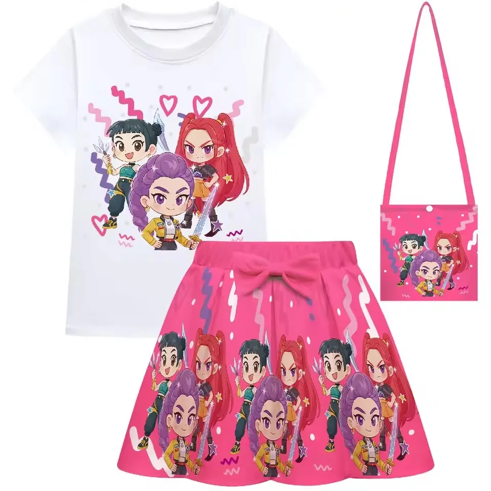 KPop شيطان الصيادين رومي المعبود تأثيري الاطفال زي مجموعة 3 قطعة ميرا تي شيرت فستان حفلة أنيمي الملابس للفتيات
