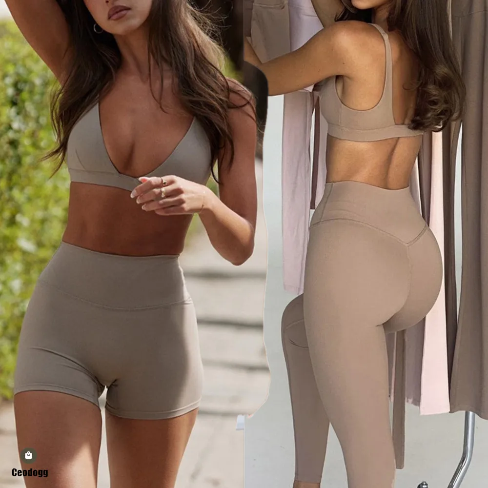 2PCS Nude Deep VNeck Sport Bra Women Yoga Sets Workout Gym Scrunch High Waist Fitness Push Up Shorts Running Avtive Suit XP187
