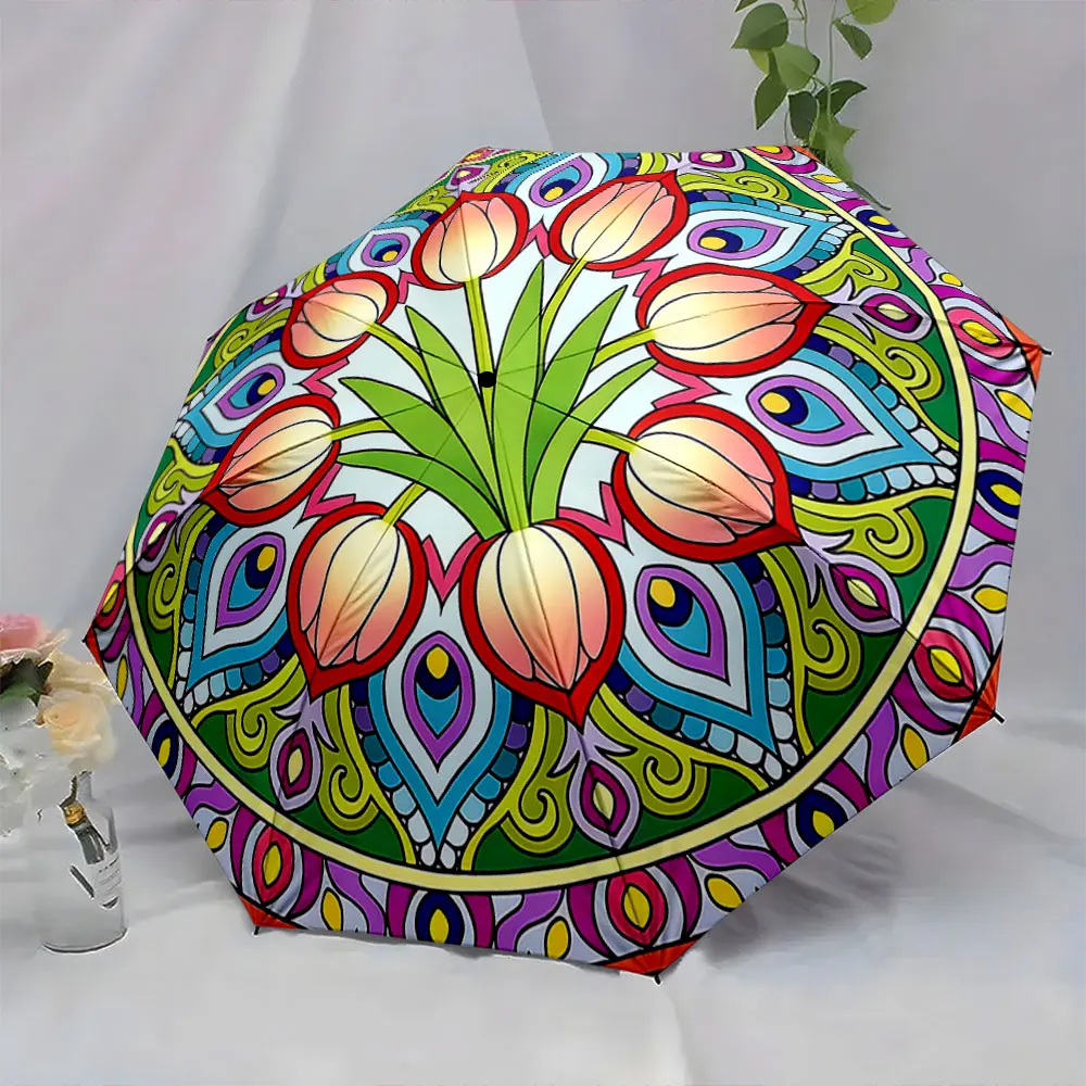 1PC Colorful Floral Umbrella with Intricate Patterns Print 8 Iron Ribs Folding Umbrella Auto-Open Fashion Sunshade