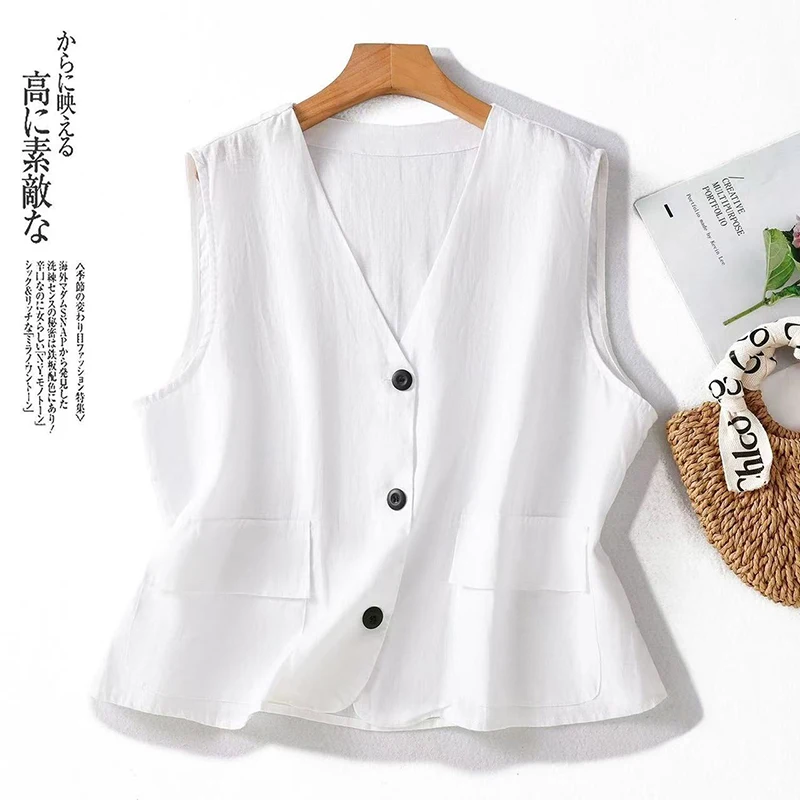 Summer Black Brown White Vest For 2025 Women Vintage Button-Up Cotton Linen Sleeveless Jacket Elegant Ladies Cover Ups Waistcoat