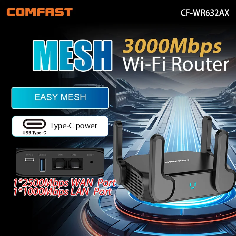 

Comfast WIFI6 1800/3000Mbps Wifi Router 5G+2.4G Wireless Router 2.5 Gigabit Ethernet Port 4*5dBi Antennas Wide Coverage Home