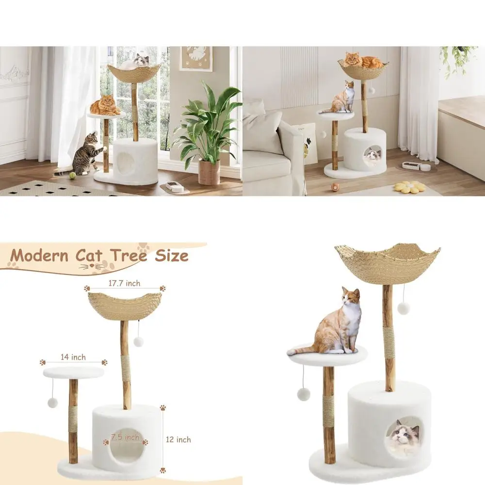 

46 Modern Cat Tower with Basket, Natural Wood & Rattan, for Large Cats up to 22lbs, Condo with Sisal Scratching Posts