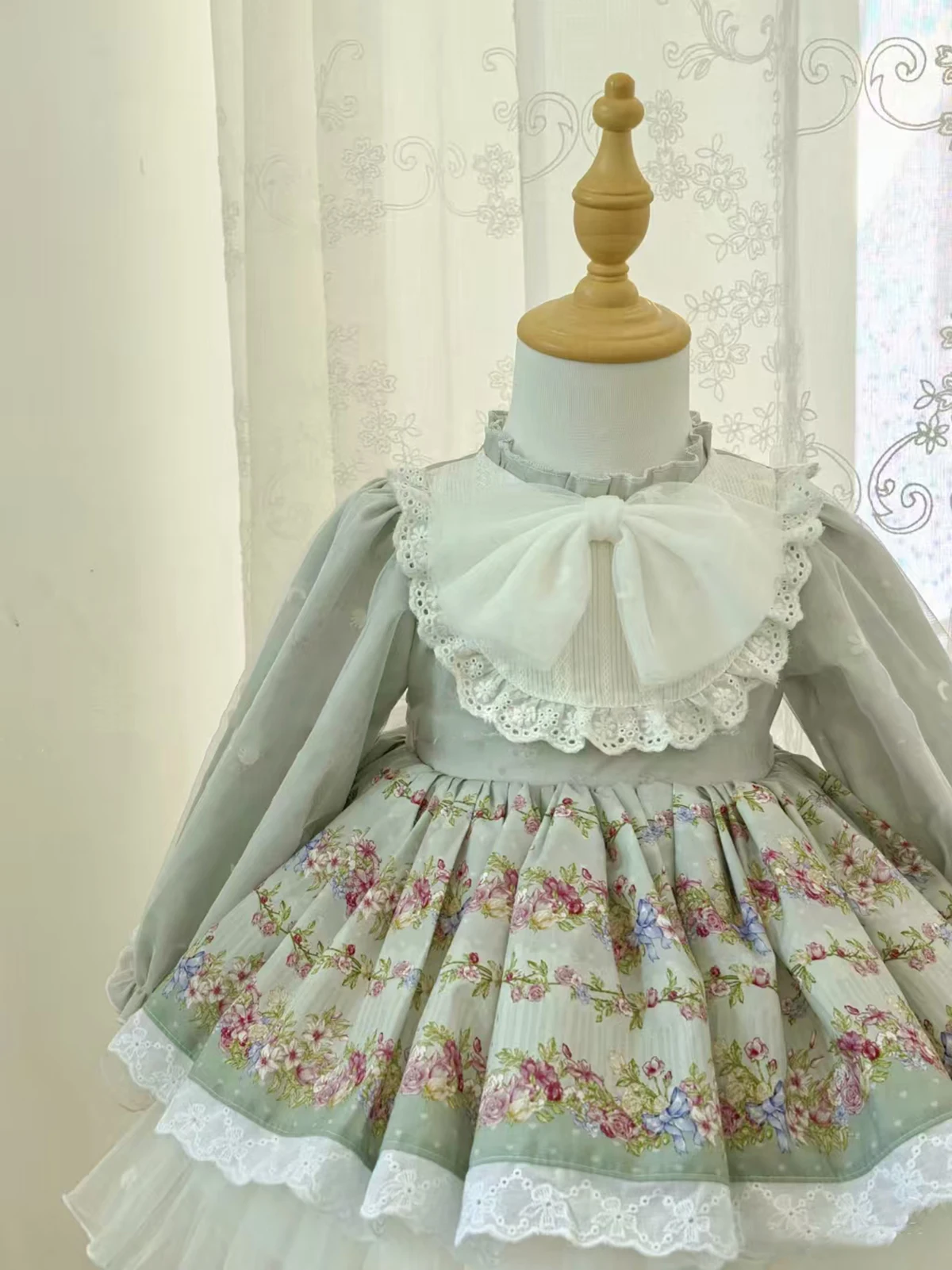 Spring Autumn Girls Retro Sweet Lace Printed Dress For Casual Party Birthday Wedding Photography