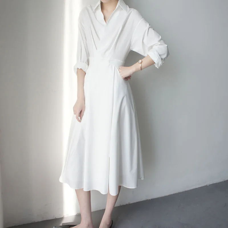 Boweylun neues französisches langes hemd kleid der frauen einreihiges mittel taille festes farbkleid weiblicher sommer