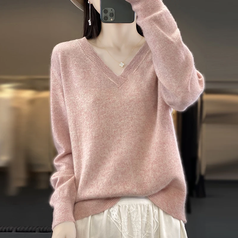 

Women's 100% Pure Wool Knitted Jumpers, V-neck Cashmere Tops, Standard Pullovers, New Fashion, Winter and Autumn, 2023,SY01