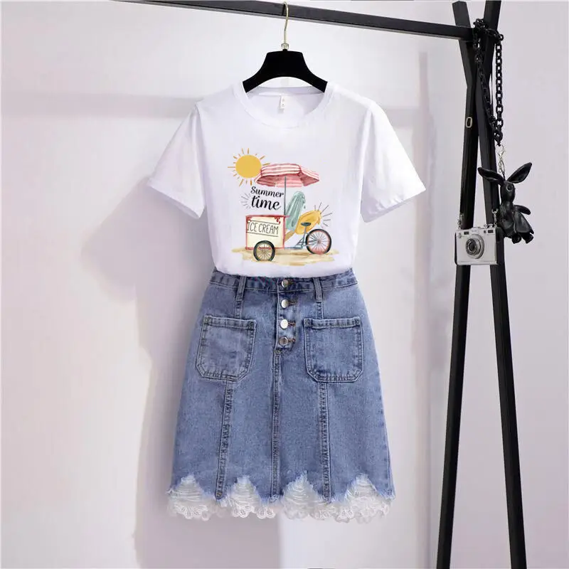 Korean Letter Printing Chrysanthemum Short-sleeved T-shirt Lace Denim Skirt Two-piece Elegant Women\'s Pants Set Summer Outfits