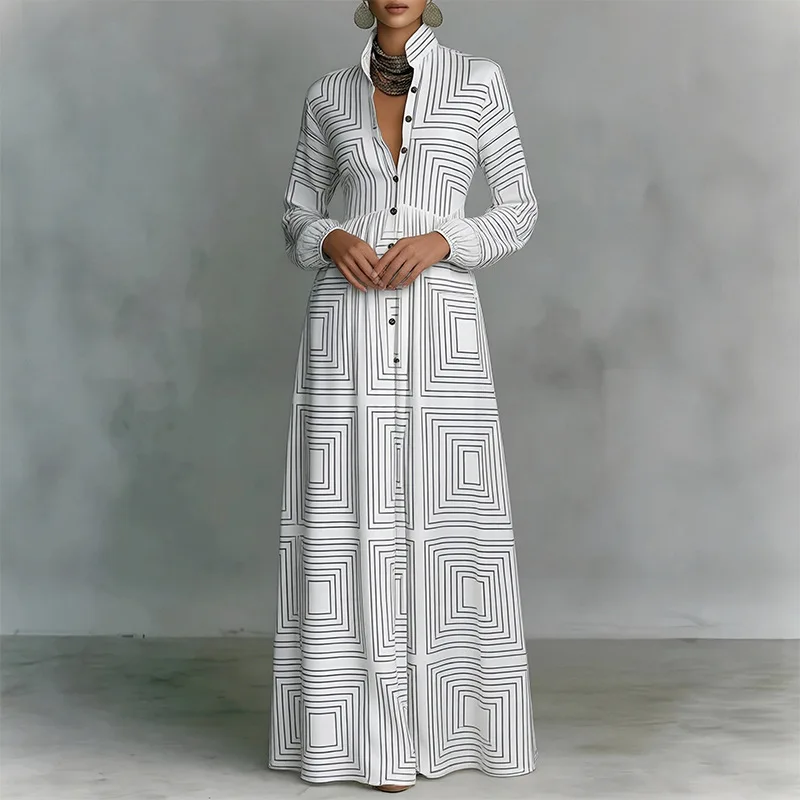 

FL 2026 Summer New Women Elegant Casual Loose Printed Long Dress Soft Light Breathable Chic Daily Casual Beach Outdoor Holiday