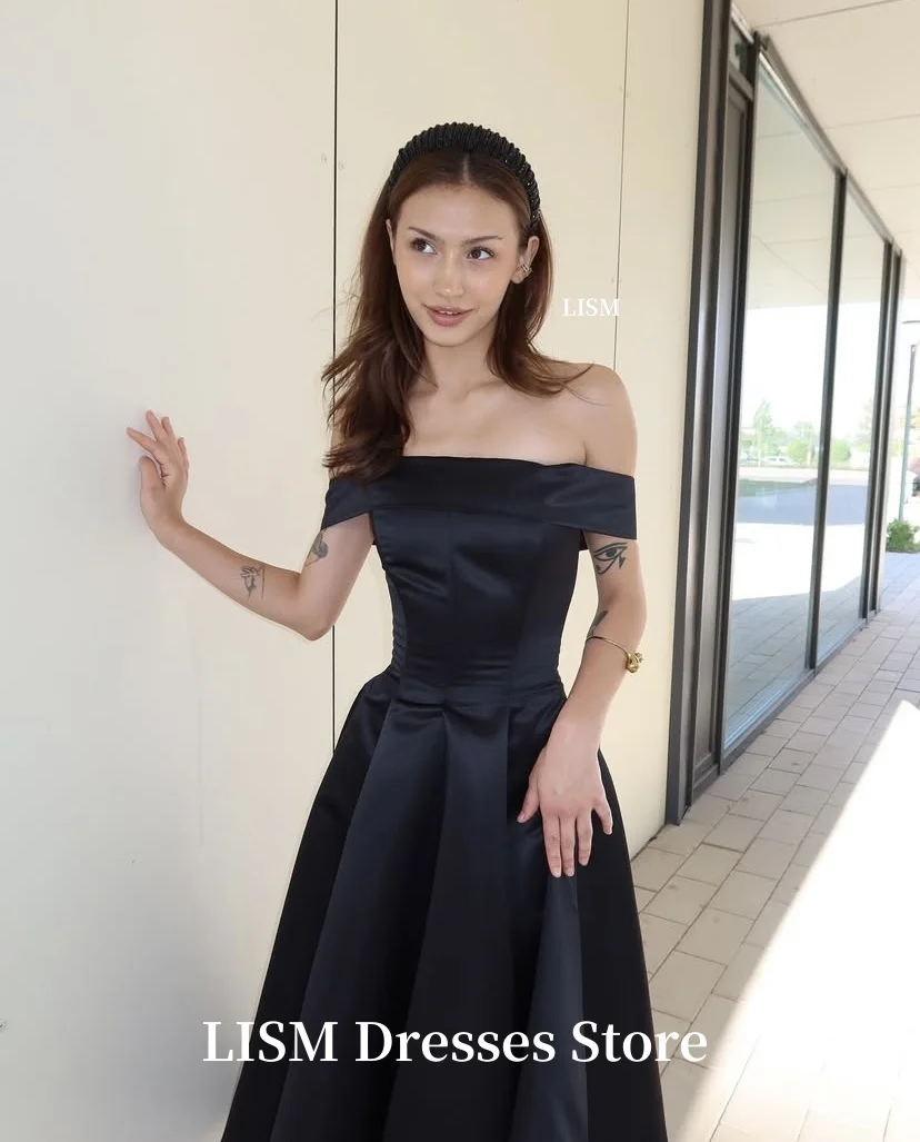 LIAM สีดําปิดไหล่ชุดราตรี A-Line ผ้าไหมซาติน Elegant Prom Dresses robe de soirée ปรับแต่งชุดปาร์ตี้อย่างเป็นทางการ