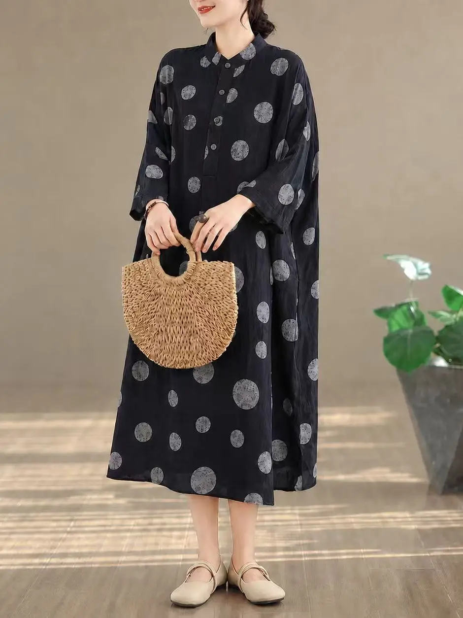 Artistic Vintage Cotton Linen Print Dress Stand Collar Loose Extra Long plus Size Robe Casual H-Shape Thin Medium Sleeve