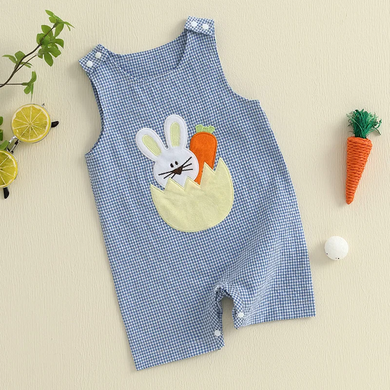 Baby Boys Girls Easter Jumpsuit Sleeveless Crewneck Bunny Embroidery Bunny Carrot Embroidery Tank Romper