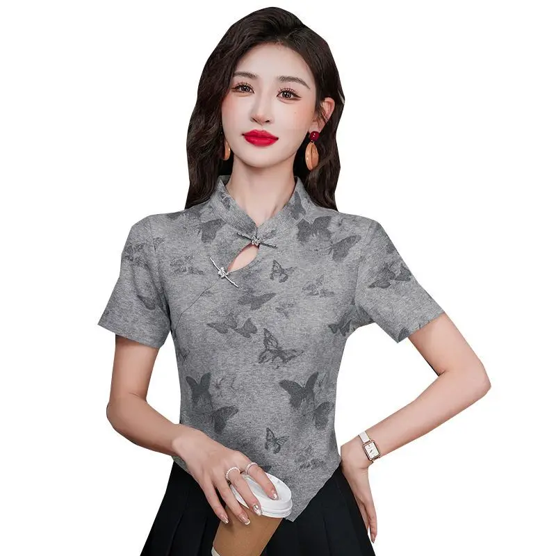 Magnetic Butterfly Buckle Irregular Tie Dye Short Sleeved T-shirt 2024 New Popular Summer Chinese Style Short Top for Women