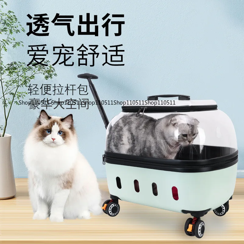 

Fashion Transparent Cat Cage Large Capacity Pet Suitcase Breathable Cat Carriers Pull Rod/Handheld Dual Use Cat Transport Cart