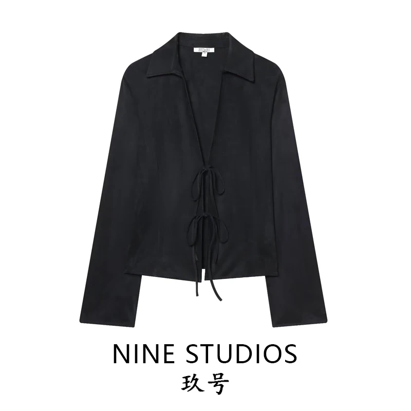 

NINE ZAR Women's Slim Fit Long Sve irt Casual Velvet Effect Belted European Sle Faion Ladies' Premium irt