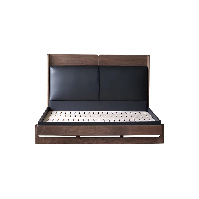 Black walnut solid wood bed Italian minimalist leather modern light luxury master bedroom double suspended soft bag bed