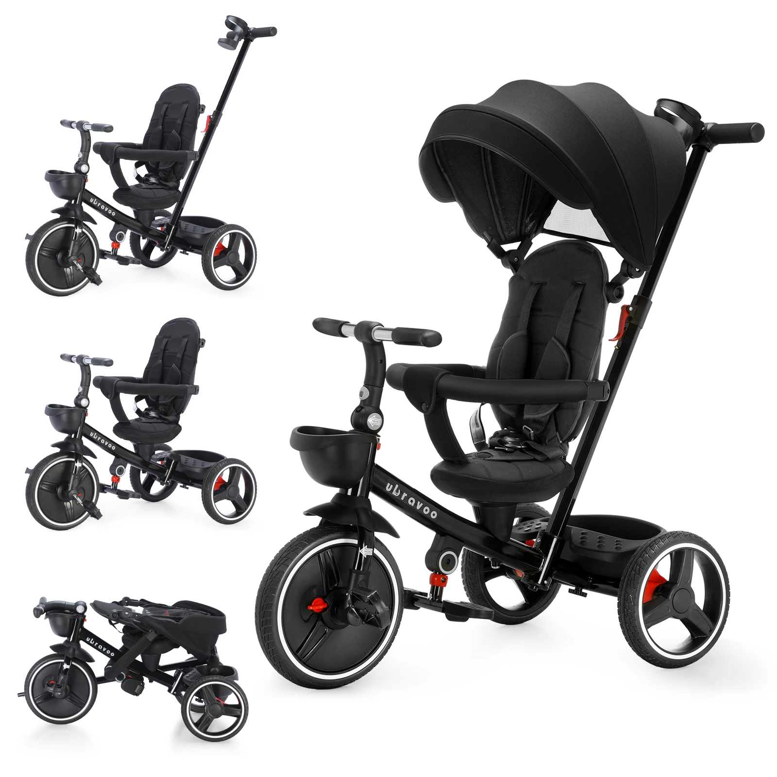 Foldable Children's Tricycle with Adjustable Parent Handle, Trike with Backrest & Seat,Wheel Brakes & Removable Hood