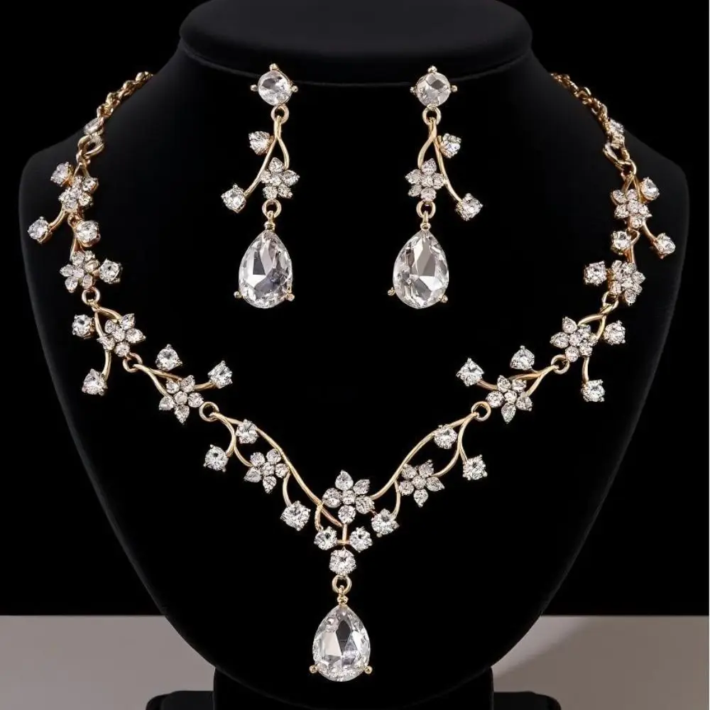 Rhinestone Water Drop Bridal Jewelry Sets Shiny Adjustable Exquisite Jewelry Sets Aesthetic Handmade Choker Necklace Earring Set view 5