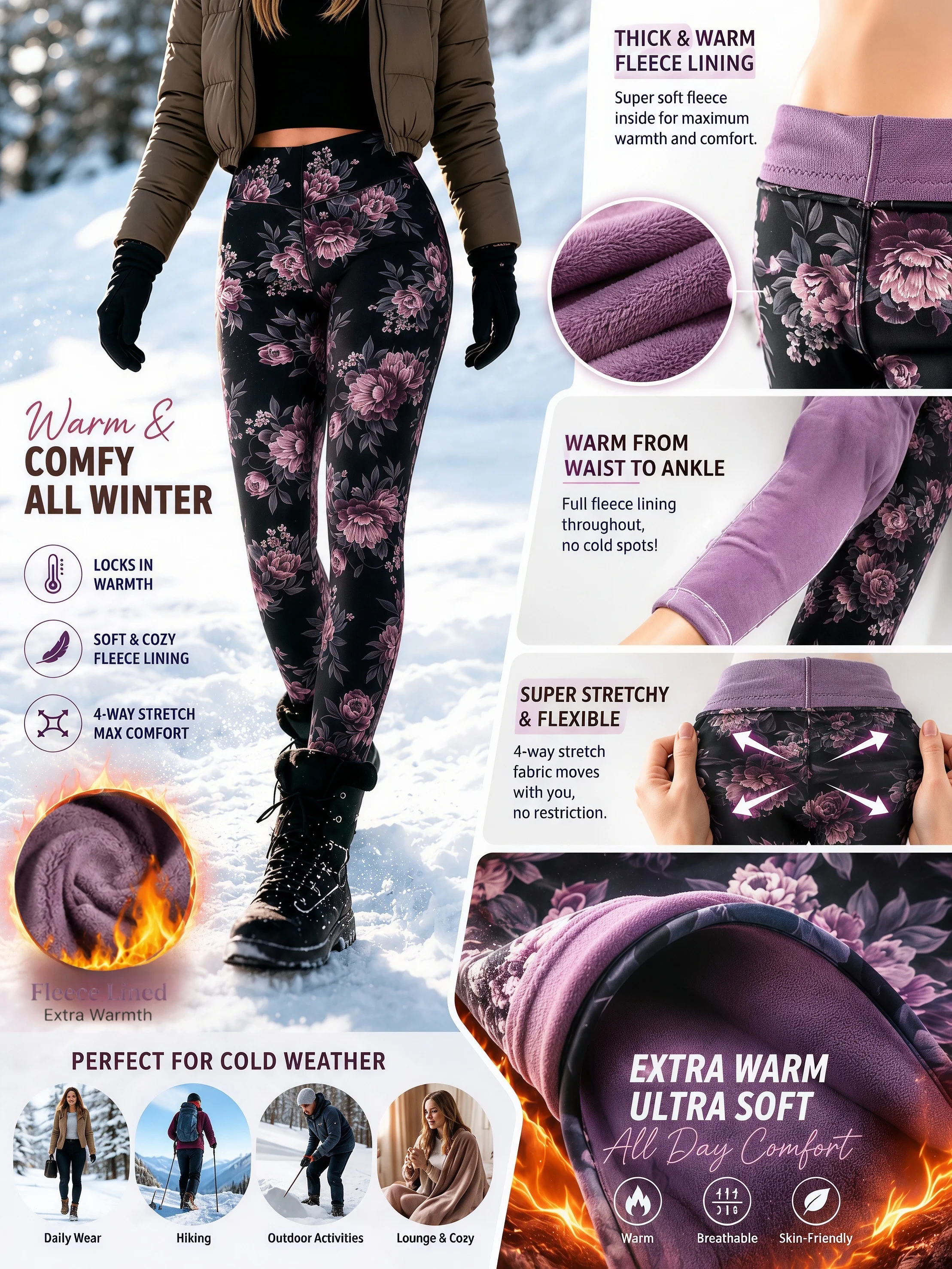 Women's Vintage Floral Printed Fleece Lined V-Waist Ankle Leggings Winter Thick Fleece Lining Heat Lock Cold Sports Pants -5℃~15