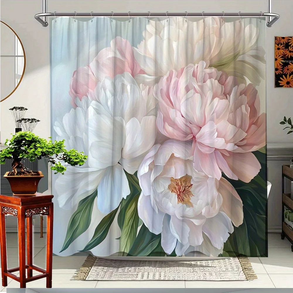 

1pc Floral Shower Curtain with Elegant Peony Design - Polyester Fabric Bathroom Decor, 70.8x70.8 Inches, 12 Hooks Included,