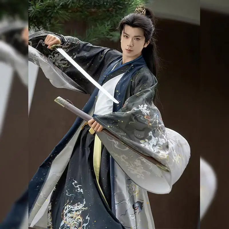 

Wei And Jin Dynasty Hanfu Men Women Traditional Chinese Clothing Blue Printing Large Sleeve Long Robe Beach Party Cosplay Suits