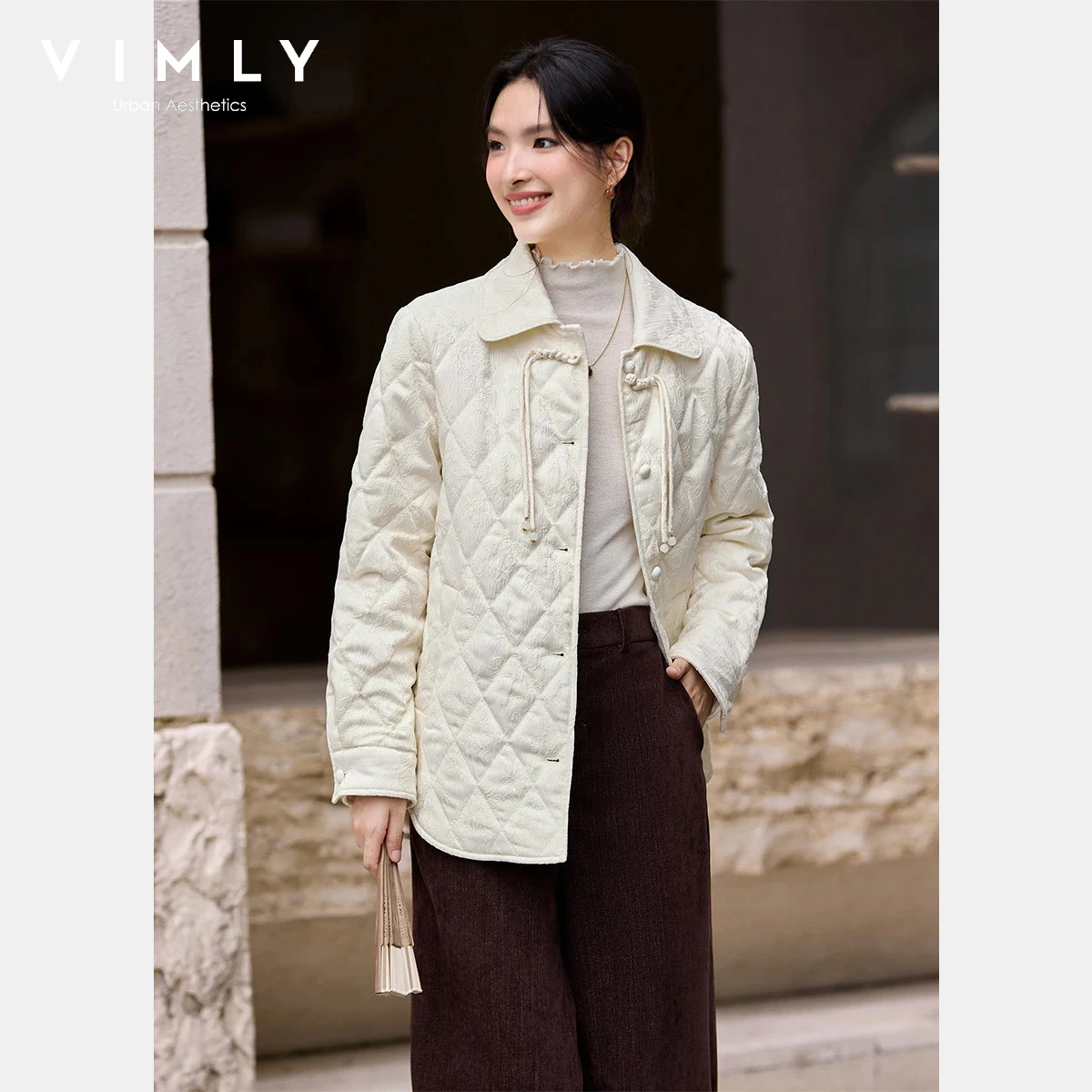 

VIMLY Women's Parkas Coat 2025 Autumn Chinese Style Rhombus Pattern Single-button Front POLO Collar Versatile Outerwear A3120