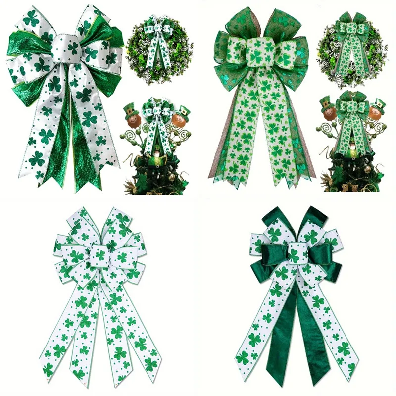 

St. Patrick's Day Green Clover Bow Pendant Tree Topper Bows for Wreath Decorations Festive Irish Holiday Accessory