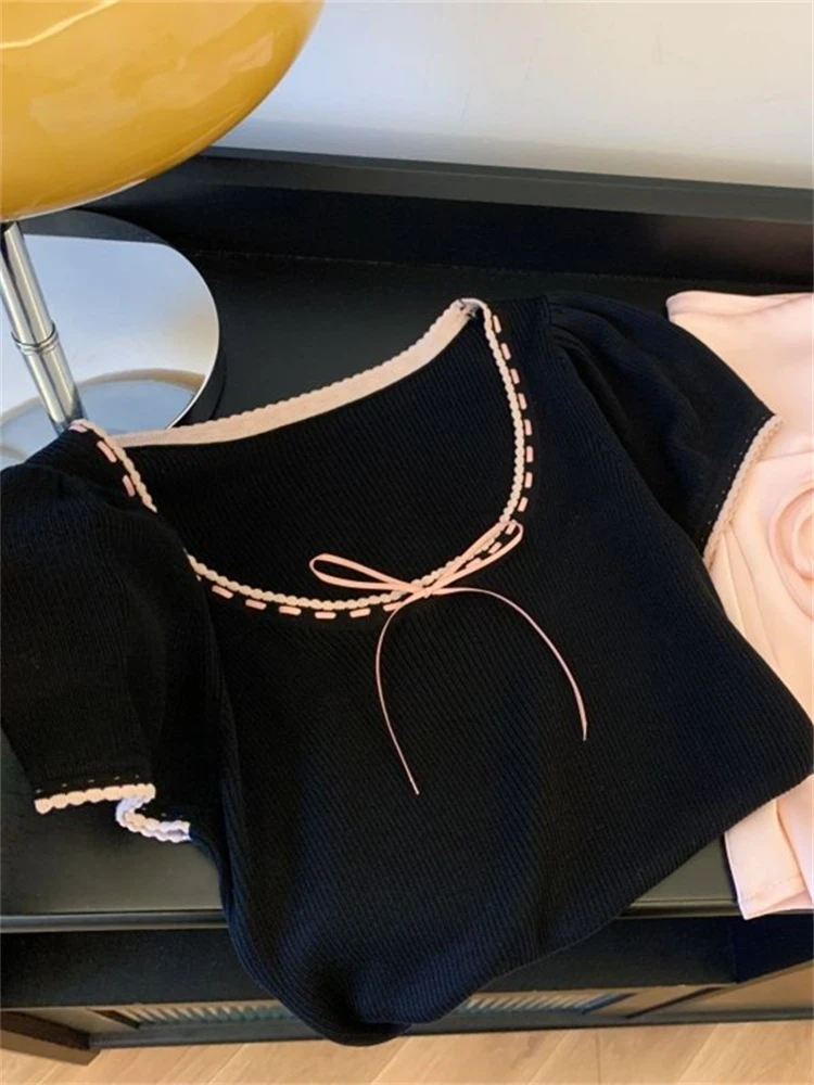 تي شيرت نسائي كوري أنيق مضاد للشيخوخة، محبوك بعقدة ملونة، متعدد الاستخدامات، نحيف، مناسب للصيف