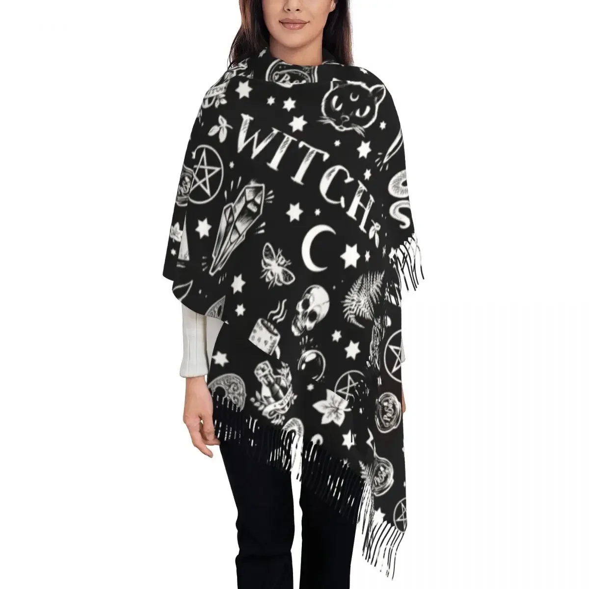 Witch Pattern Tassel Scarf Women Soft Halloween Occult Gothic Magic Shawl Wrap Ladies Winter Scarves