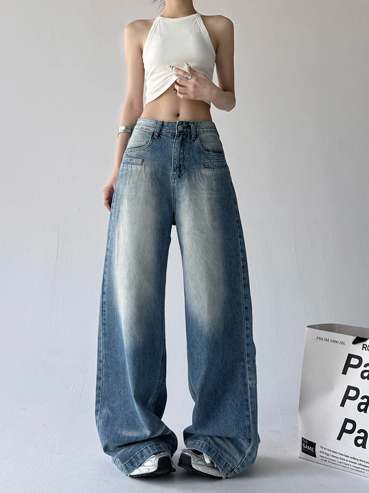 الرجعية الأمريكية الساخنة فتاة الدينيم الجينز المرأة خريف جديد الهيب هوب فضفاض Waed الأزرق عالية الخصر بنطال ذو قصة أرجل واسعة تأثير التخسيس