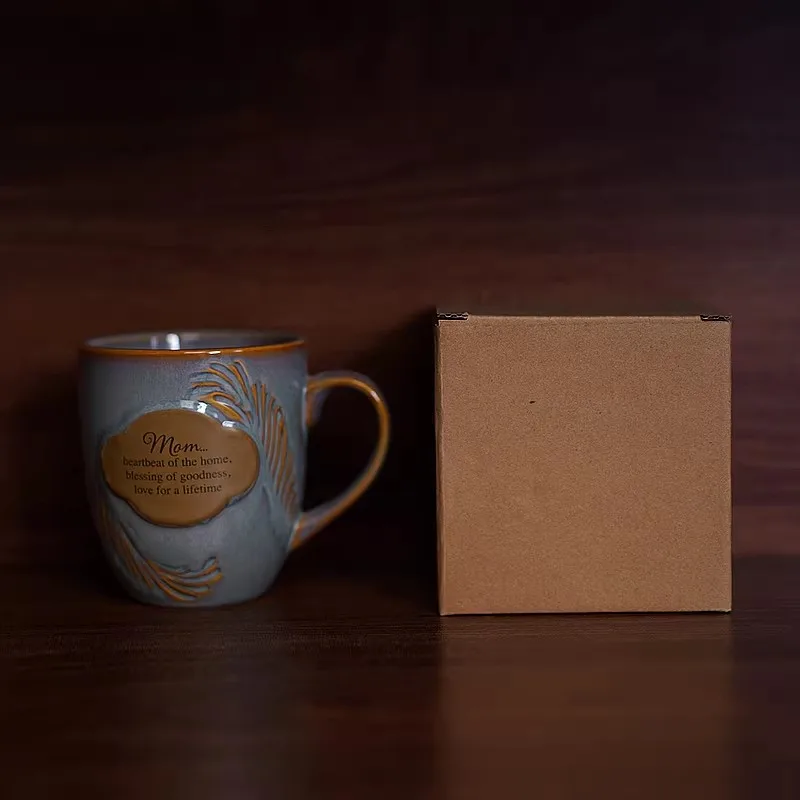 Introduction Mother and Home Blessing Ceramic Retro Relief Mug Feather Pattern Coffee Cup Water Mug Gift