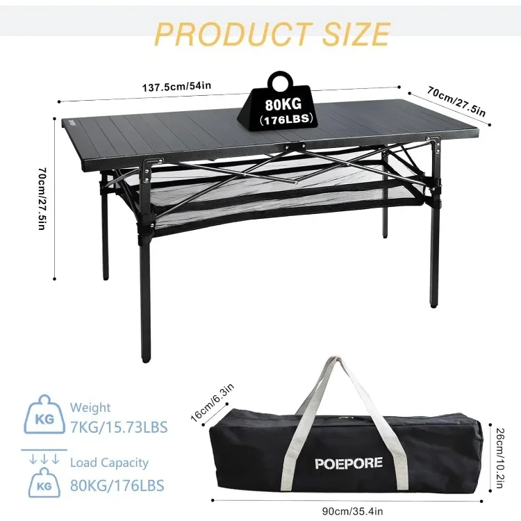 تصميم مبتكر طاولة تخييم كبيرة قابلة للطي من الألومنيوم مع مساحة تخزين تتسع لـ 4-6 أشخاص 54 بوصة × 27.5 بوصة قابلة للطي