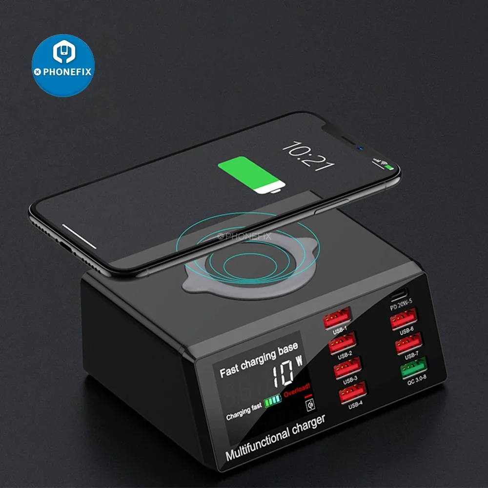 100W 8 Ports USB Charger Wireless Charging Digital Display Screen QC3.0 PD3.0 Quick Charge USB X9d X9D MECHANIC Charge Station