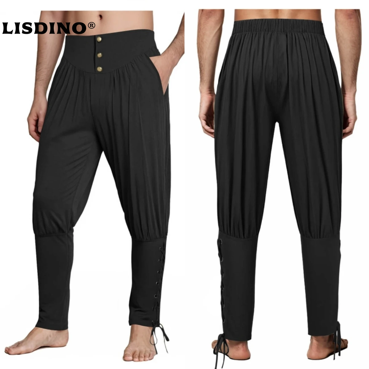 

1Mens Medieval Ankle Pants Renaissance Viking Pirate Lace Up Tapered Halloween Linen Costume Trousers