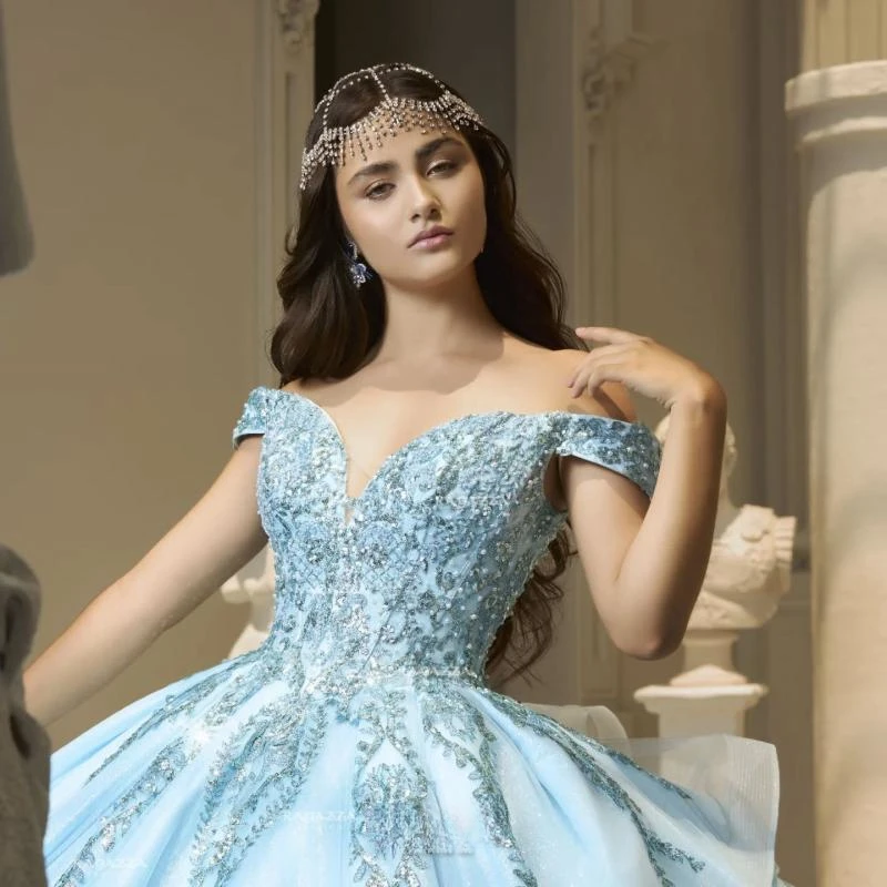 Sky Blue Shiny Ball Gowns Quinceanera Dresses Girls Sweetheart Sequin Appliques Lace Beads Tull Lacing up Vestido De 15 Anos