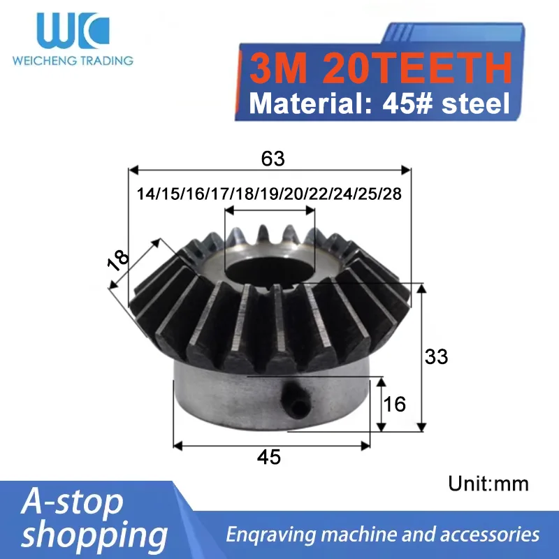 

1PC 3Module 20Teeth Bevel Gears 3M20T Inner Diameter 14/15/16/17/18/19/20/22/24/25/28mm For Transmission